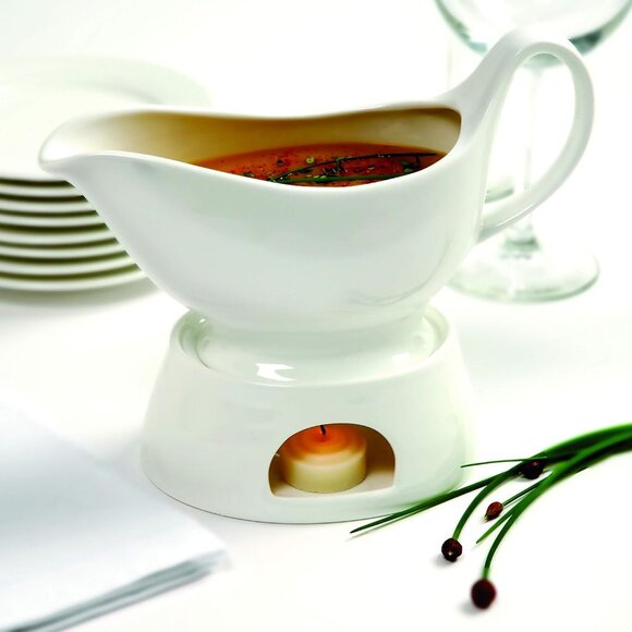 Porcelain Gravy Sauce Boat with Stand and Candle - Picture 2 of 6